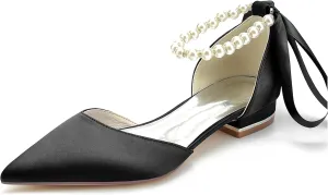 Hanfike Girls Womens Elegant Wedding Flats Ankle Chains Pointed Toe Formal Evening Shoes with Ribbon JY286