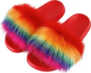 Hangrui Women's Faux Fur Slides, Open Toe Cute Slippers, Comfortable Sandals with Fluffy Fur
