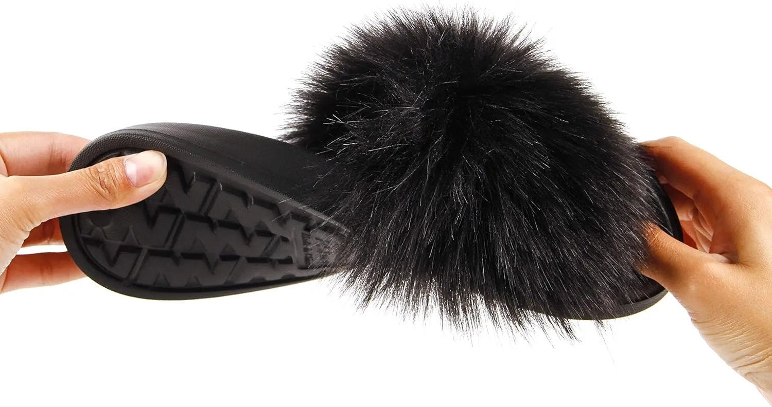Hangrui Women's Faux Fur Slides, Open Toe Cute Slippers, Comfortable Sandals with Fluffy Fur