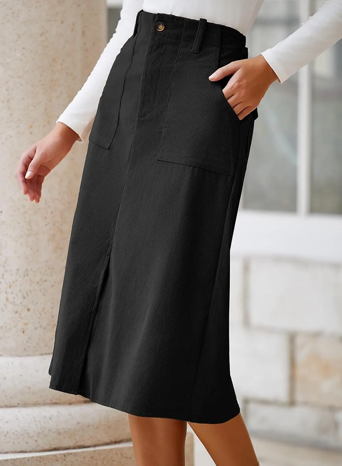 Happy Sailed Skirts for Women High Waist Split A Line Corduroy Skirt Casual Midi Skirts with Pockets