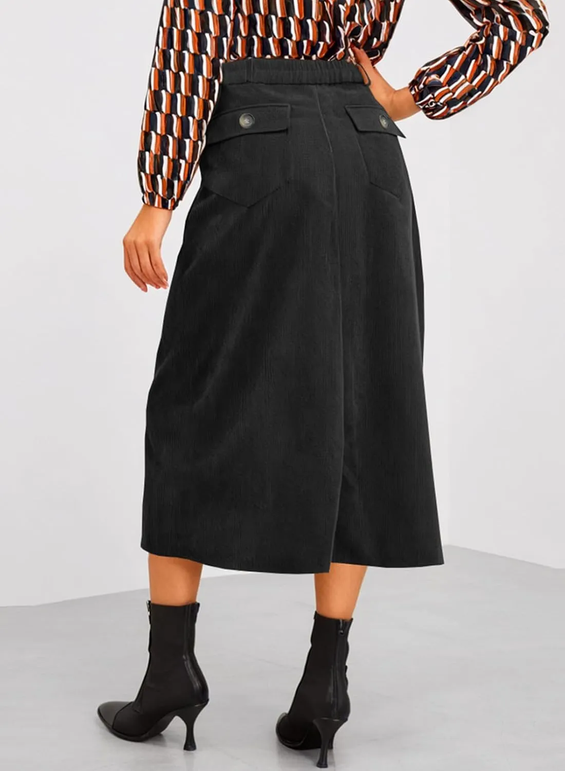 Happy Sailed Skirts for Women High Waist Split A Line Corduroy Skirt Casual Midi Skirts with Pockets