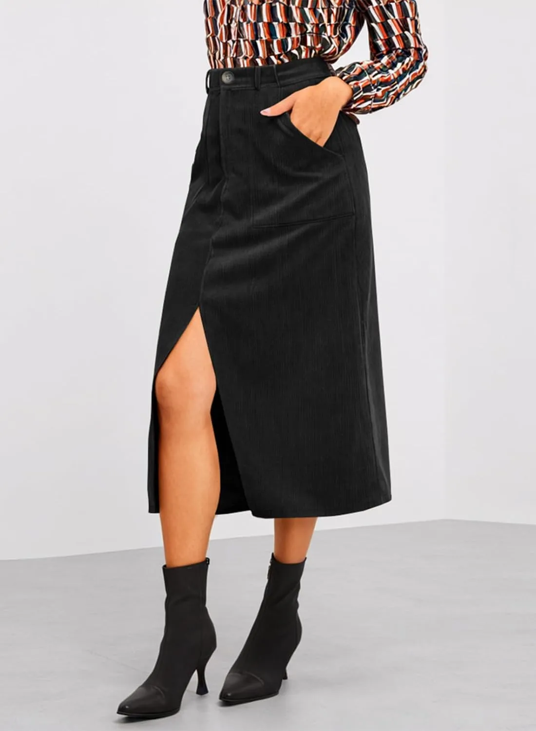 Happy Sailed Skirts for Women High Waist Split A Line Corduroy Skirt Casual Midi Skirts with Pockets