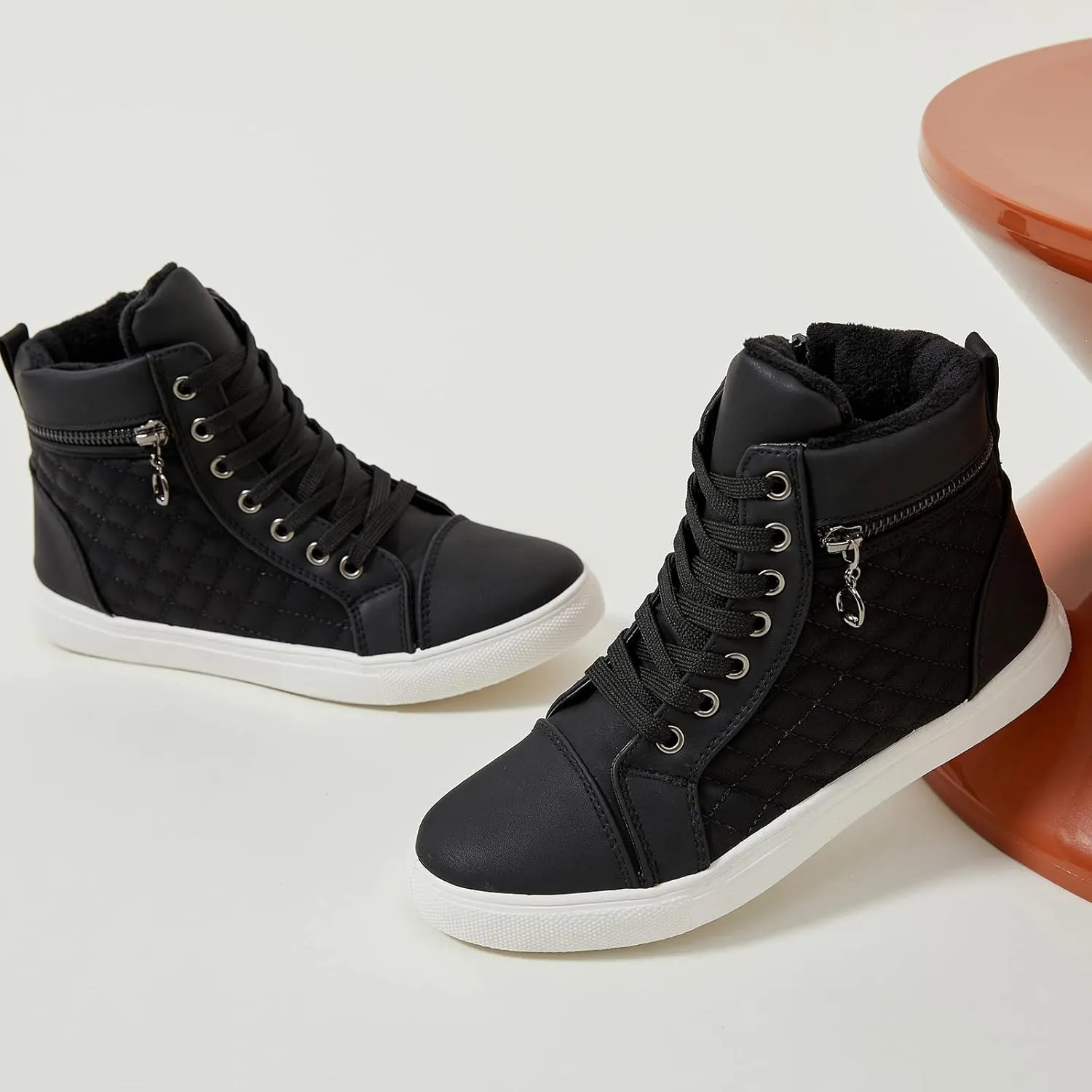 hash bubbie Women's High top Sneakers Lace up PU Leather Fashion Shoes Black Boots Fuzzy Ankle Booties with Zipper
