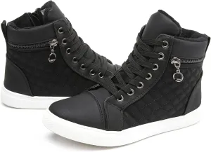 hash bubbie Women's High top Sneakers Lace up PU Leather Fashion Shoes Black Boots Fuzzy Ankle Booties with Zipper