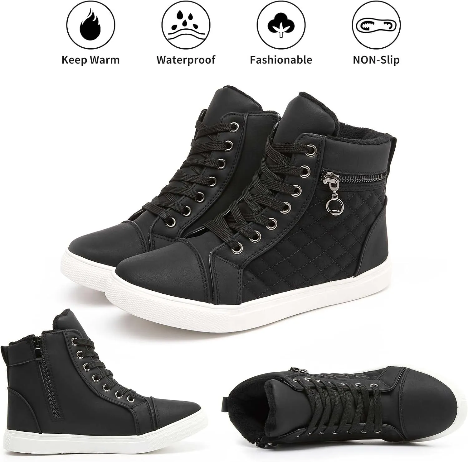 hash bubbie Women's High top Sneakers Lace up PU Leather Fashion Shoes Black Boots Fuzzy Ankle Booties with Zipper