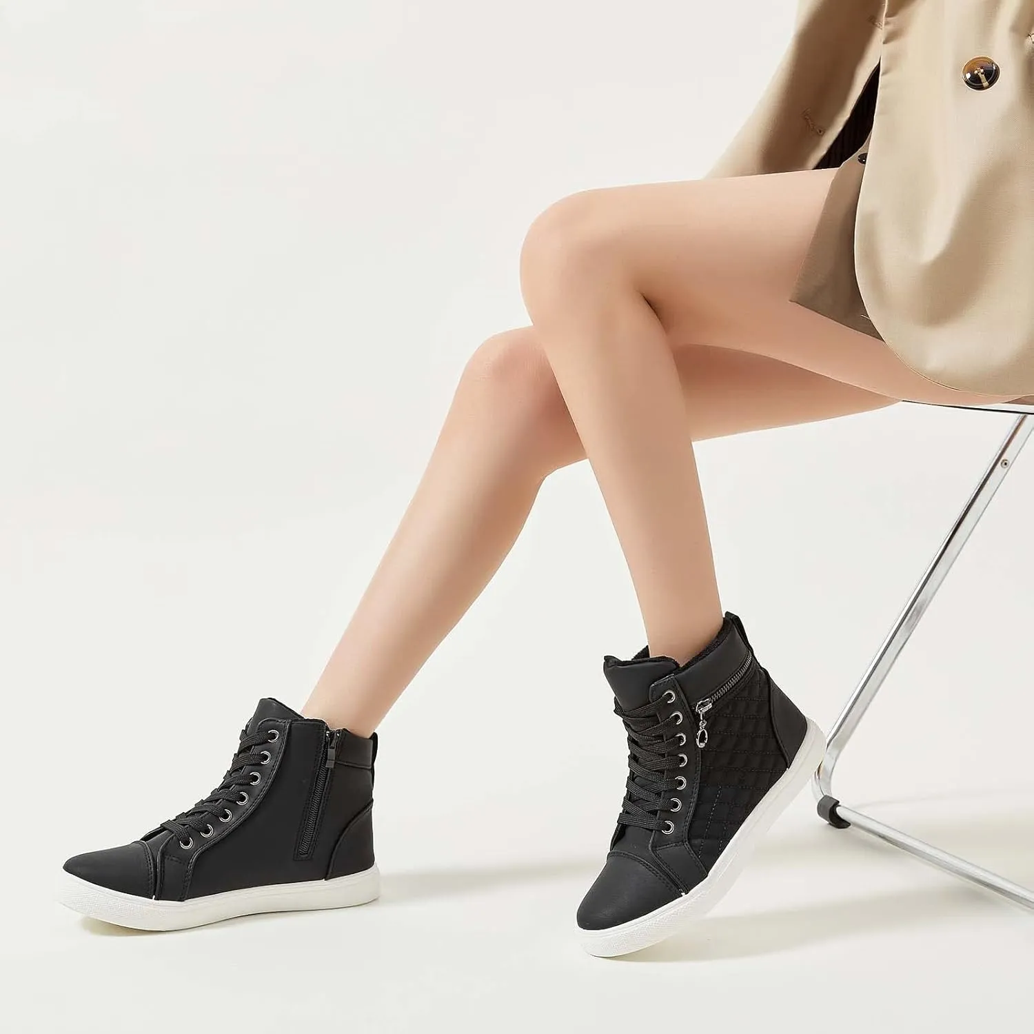 hash bubbie Women's High top Sneakers Lace up PU Leather Fashion Shoes Black Boots Fuzzy Ankle Booties with Zipper