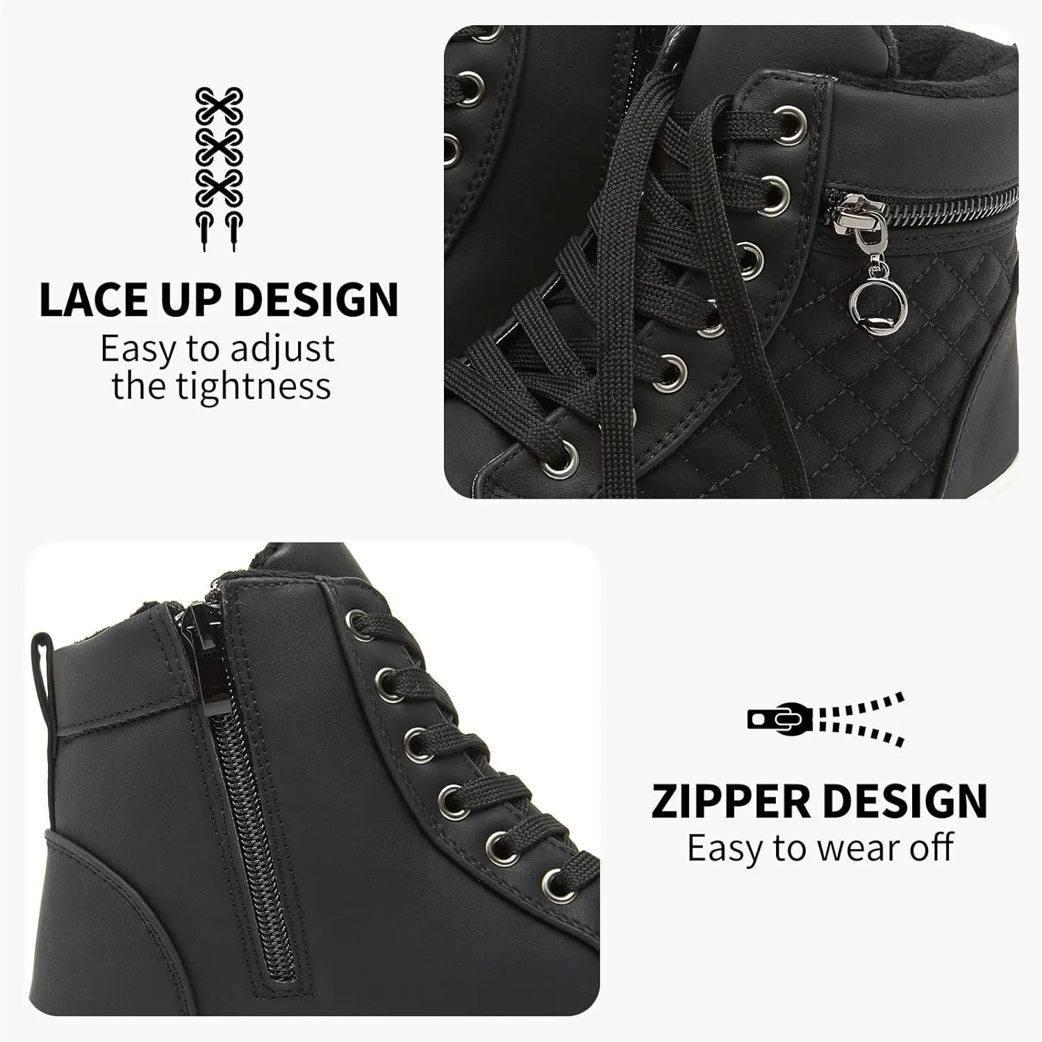 hash bubbie Women's High top Sneakers Lace up PU Leather Fashion Shoes Black Boots Fuzzy Ankle Booties with Zipper