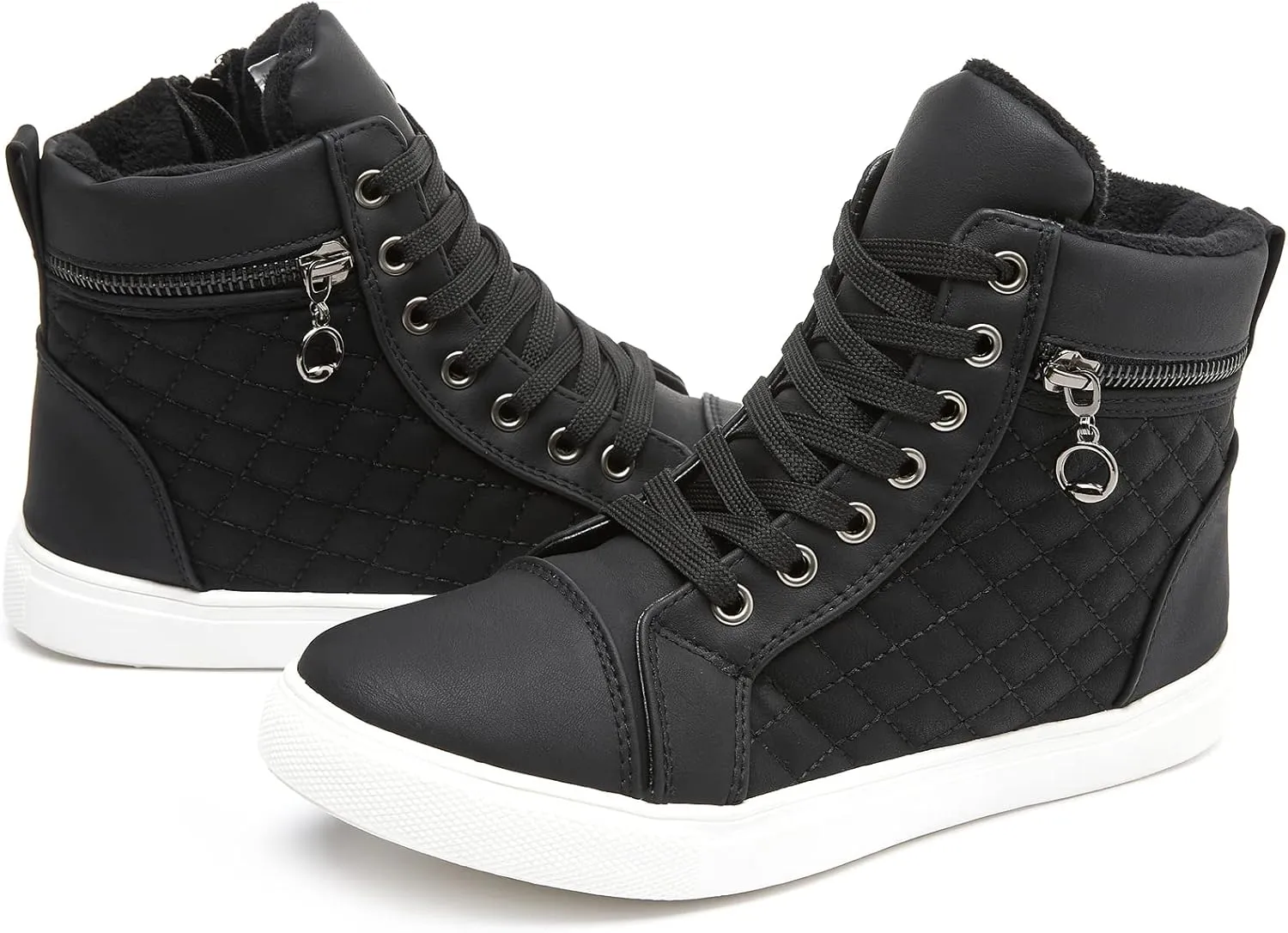 hash bubbie Women's High top Sneakers Lace up PU Leather Fashion Shoes Black Boots Fuzzy Ankle Booties with Zipper