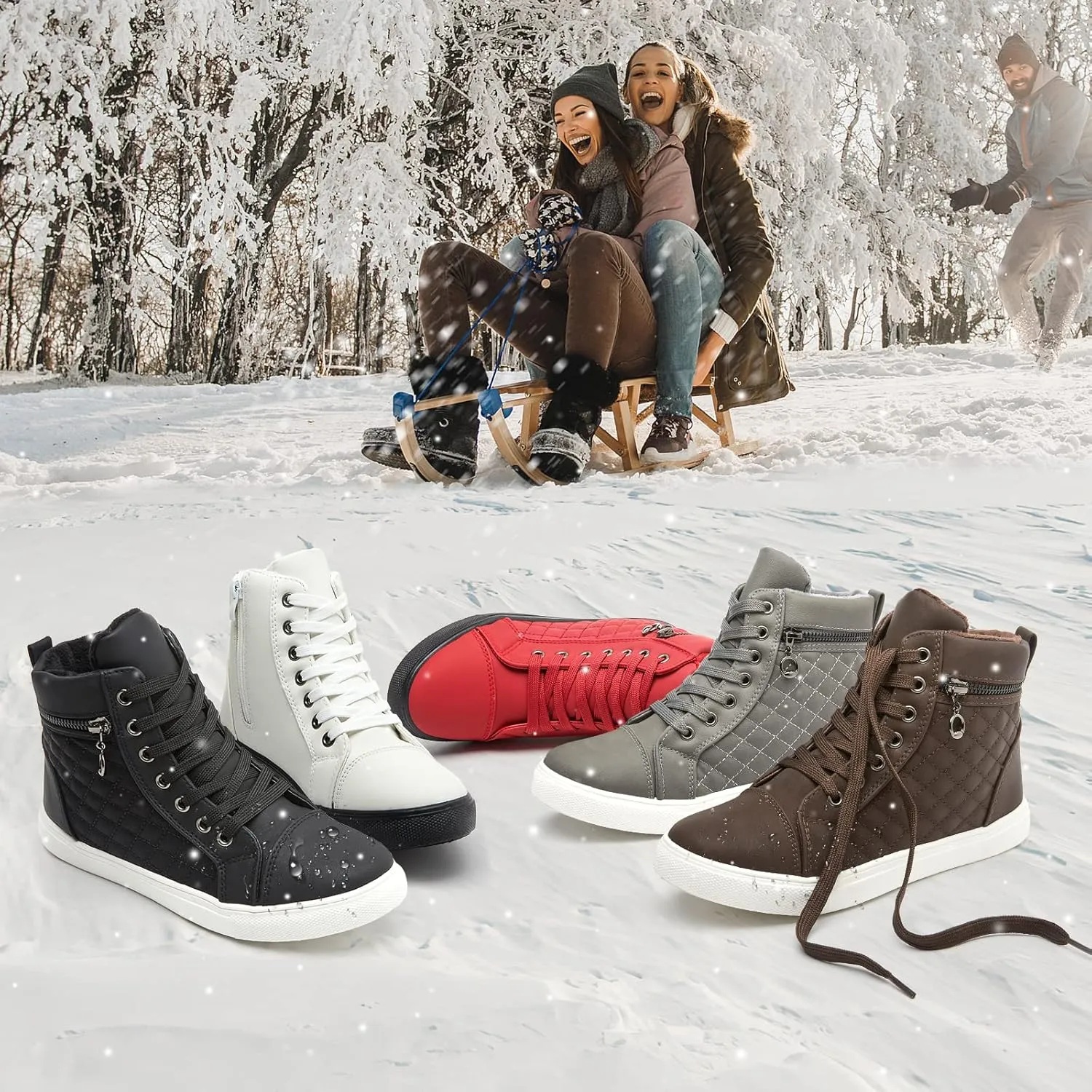 hash bubbie Women's High top Sneakers Lace up PU Leather Fashion Shoes Black Boots Fuzzy Ankle Booties with Zipper