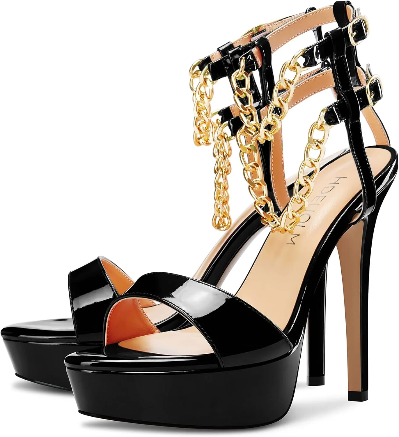 HDEUOLM Women Stiletto High Platform Heel Peep Open Toe Sandals Ankle Strap Metal Chain Party Dress 4.7 Inches Heels