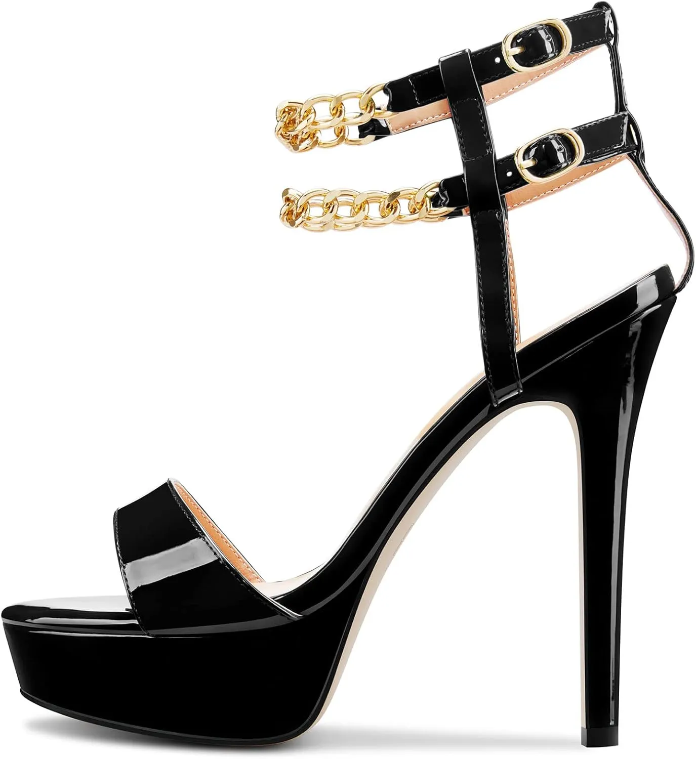 HDEUOLM Women Stiletto High Platform Heel Peep Open Toe Sandals Ankle Strap Metal Chain Party Dress 4.7 Inches Heels