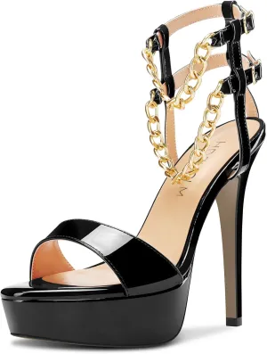 HDEUOLM Women Stiletto High Platform Heel Peep Open Toe Sandals Ankle Strap Metal Chain Party Dress 4.7 Inches Heels