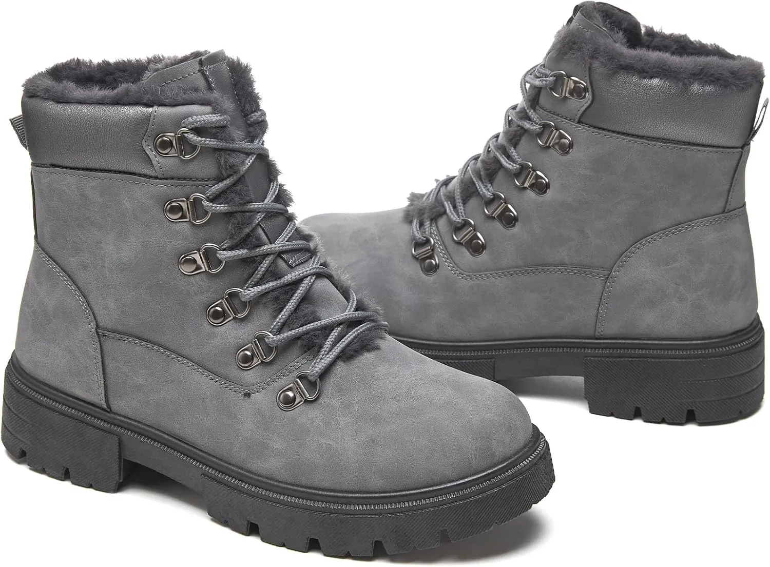 HEAWISH Women Winter Snow Boots with Fur Lined,Black Low heels Combat Ankle Boots,Non Slip Leather Ankle Boots for Women