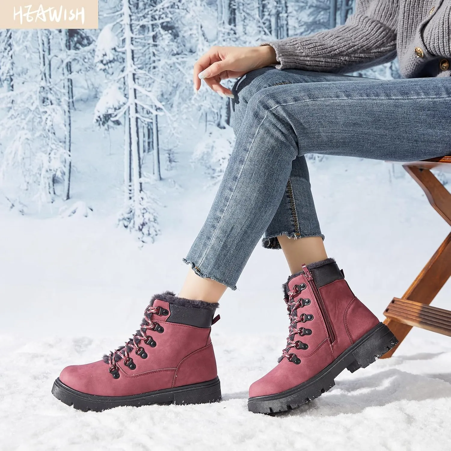 HEAWISH Women Winter Snow Boots with Fur Lined,Black Low heels Combat Ankle Boots,Non Slip Leather Ankle Boots for Women