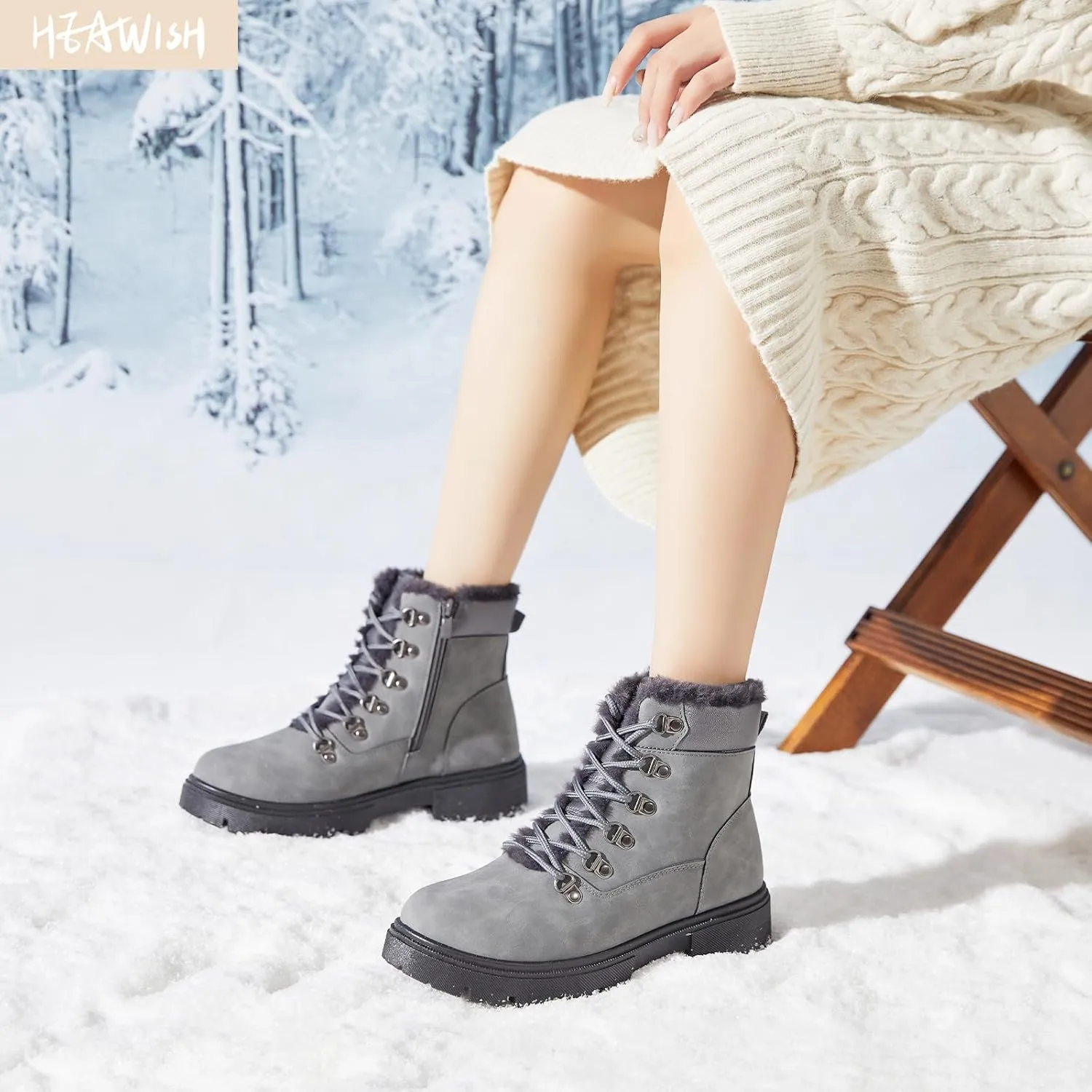 HEAWISH Women Winter Snow Boots with Fur Lined,Black Low heels Combat Ankle Boots,Non Slip Leather Ankle Boots for Women