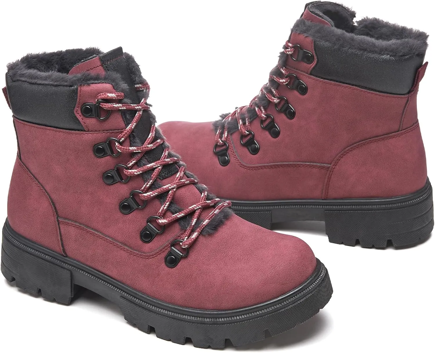 HEAWISH Women Winter Snow Boots with Fur Lined,Black Low heels Combat Ankle Boots,Non Slip Leather Ankle Boots for Women