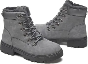 HEAWISH Women Winter Snow Boots with Fur Lined,Black Low heels Combat Ankle Boots,Non Slip Leather Ankle Boots for Women