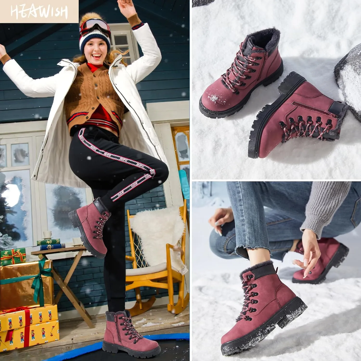HEAWISH Women Winter Snow Boots with Fur Lined,Black Low heels Combat Ankle Boots,Non Slip Leather Ankle Boots for Women