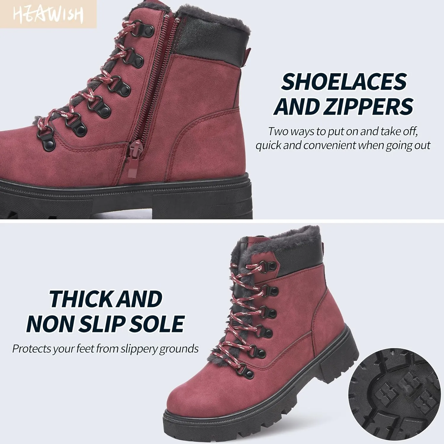 HEAWISH Women Winter Snow Boots with Fur Lined,Black Low heels Combat Ankle Boots,Non Slip Leather Ankle Boots for Women