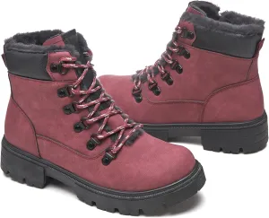 HEAWISH Women Winter Snow Boots with Fur Lined,Black Low heels Combat Ankle Boots,Non Slip Leather Ankle Boots for Women