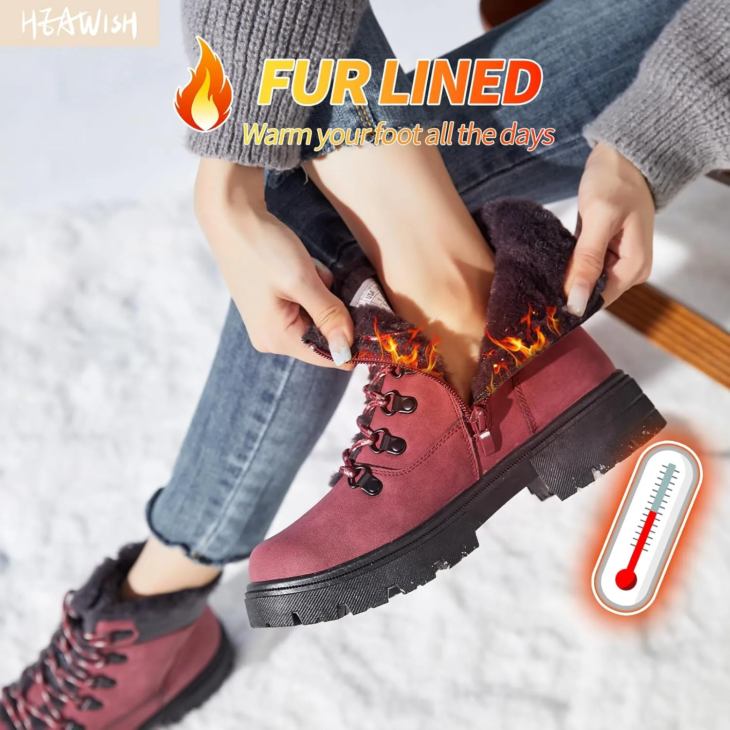 HEAWISH Women Winter Snow Boots with Fur Lined,Black Low heels Combat Ankle Boots,Non Slip Leather Ankle Boots for Women