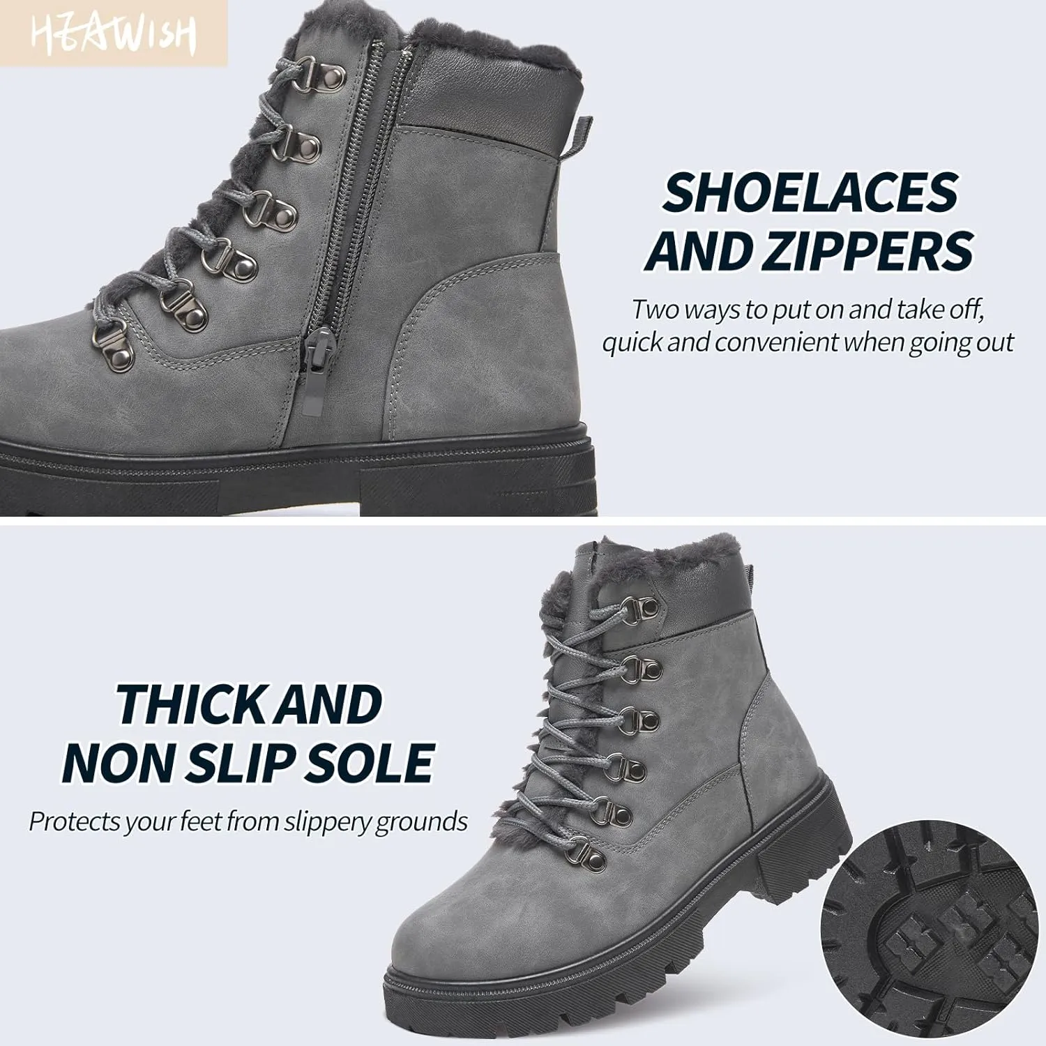 HEAWISH Women Winter Snow Boots with Fur Lined,Black Low heels Combat Ankle Boots,Non Slip Leather Ankle Boots for Women