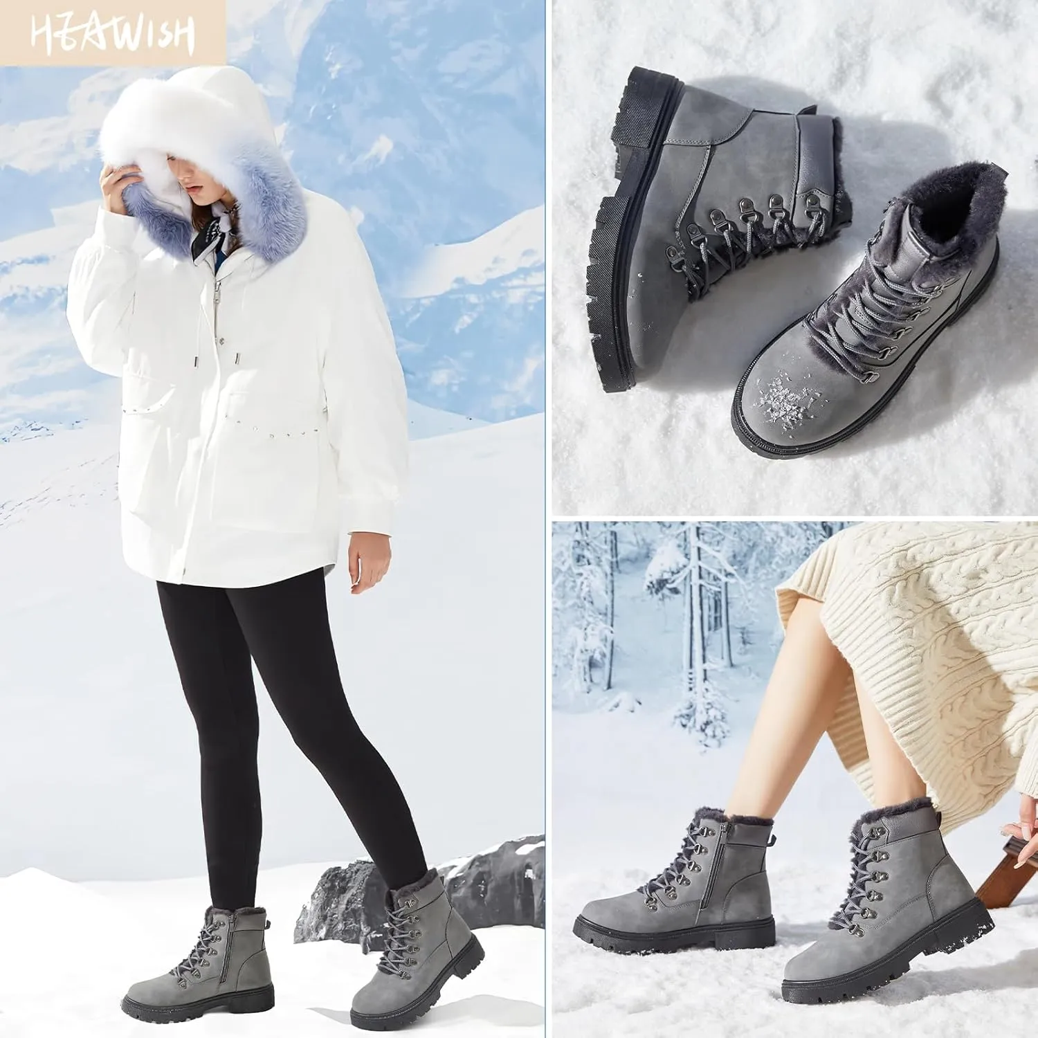 HEAWISH Women Winter Snow Boots with Fur Lined,Black Low heels Combat Ankle Boots,Non Slip Leather Ankle Boots for Women