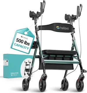 Helavo Extra Wide 28.3" Bariatric Upright Walker for Seniors, 500 lbs Capacity with 8“ Flat-Free Solid Rubber Tires, Height Adjustable Stand Up Walker with Seat, All Terrain Heavy Duty Rollator