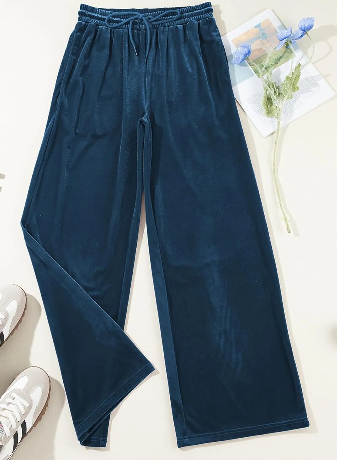 Herseas Women's Velvet Pants Drawstring Waist Wide Leg Casual Lounge Pant