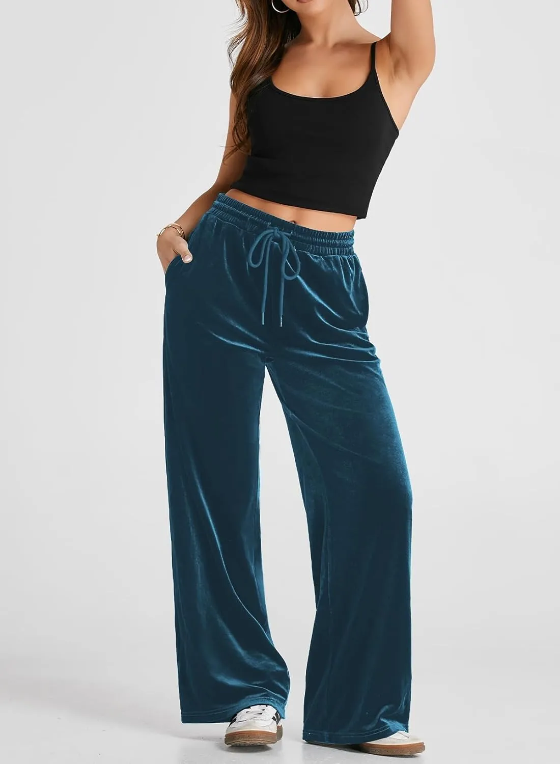 Herseas Women's Velvet Pants Drawstring Waist Wide Leg Casual Lounge Pant