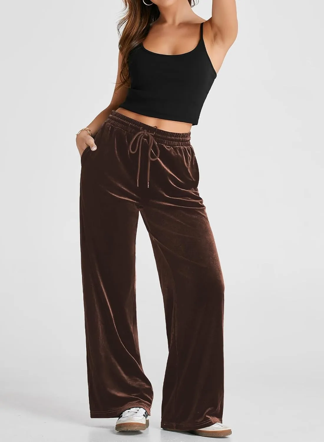 Herseas Women's Velvet Pants Drawstring Waist Wide Leg Casual Lounge Pant