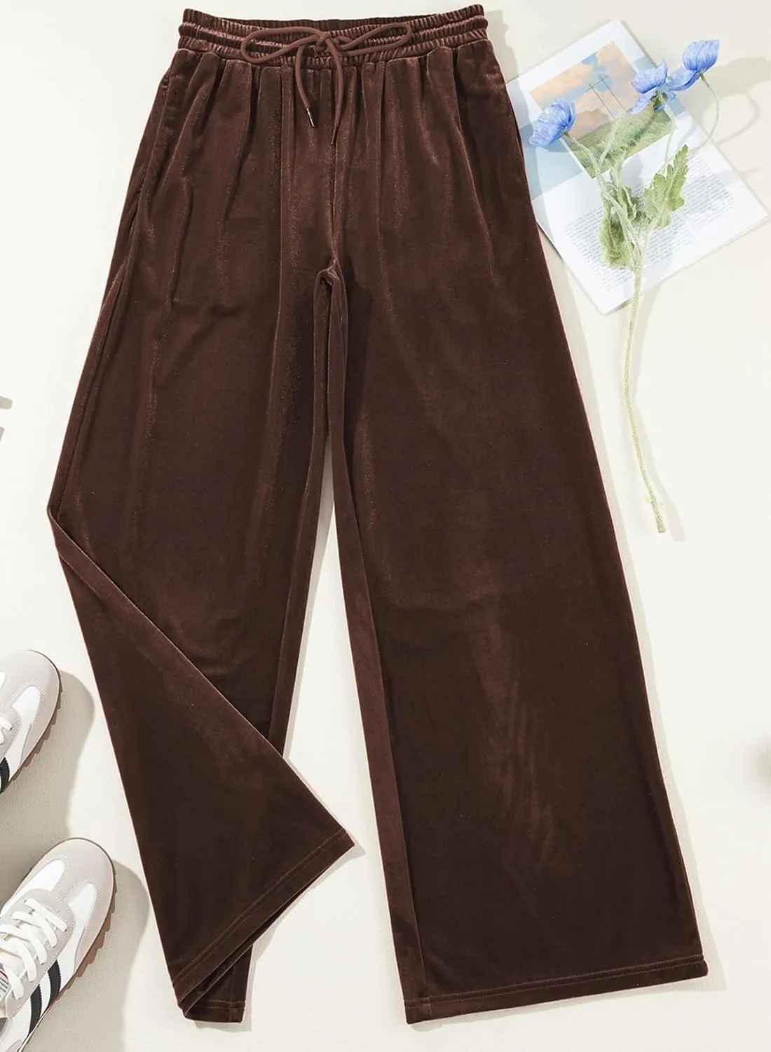 Herseas Women's Velvet Pants Drawstring Waist Wide Leg Casual Lounge Pant