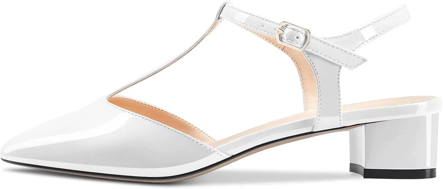 HEUIVZAR Womens T-strap Pointed Toe Pumps Sandals Low Chunky Block Heel Ankle Strap Slingback Patent Dress Shoes 1.5 Inch