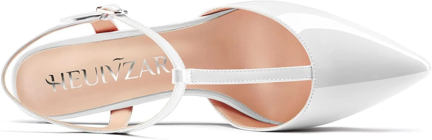 HEUIVZAR Womens T-strap Pointed Toe Pumps Sandals Low Chunky Block Heel Ankle Strap Slingback Patent Dress Shoes 1.5 Inch