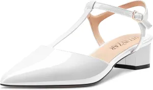 HEUIVZAR Womens T-strap Pointed Toe Pumps Sandals Low Chunky Block Heel Ankle Strap Slingback Patent Dress Shoes 1.5 Inch