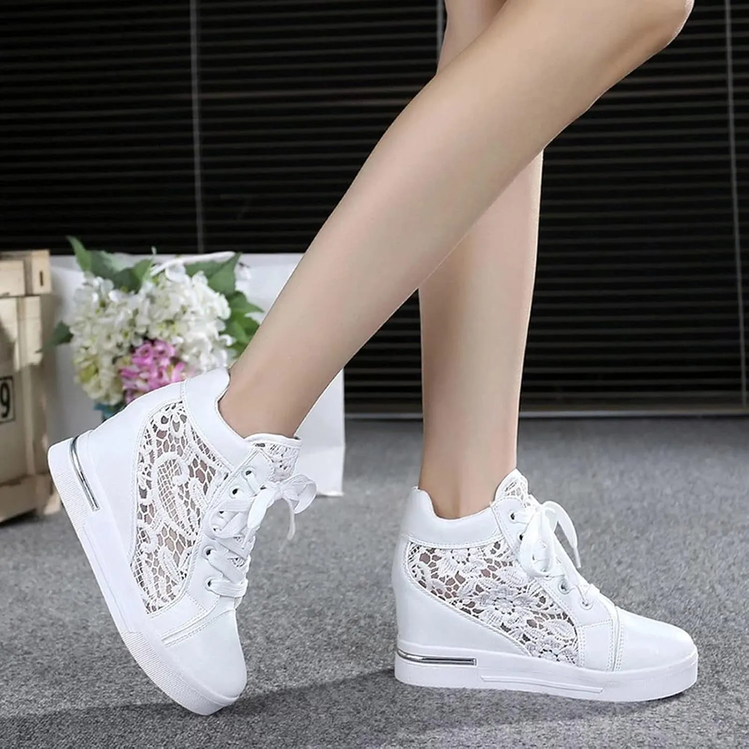 High Heeld Wedge Sneakers for Women, Ladies Hidden Heel Sneakers Dressy Lace Up Shoes High Top Sneakers Fashion Canvas Shoes Breathable Mesh Casual Platform Sneakers (A-White, 6.5)