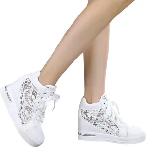 High Heeld Wedge Sneakers for Women, Ladies Hidden Heel Sneakers Dressy Lace Up Shoes High Top Sneakers Fashion Canvas Shoes Breathable Mesh Casual Platform Sneakers (A-White, 6.5)