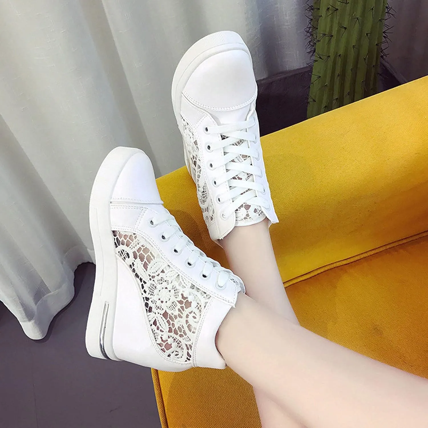 High Heeld Wedge Sneakers for Women, Ladies Hidden Heel Sneakers Dressy Lace Up Shoes High Top Sneakers Fashion Canvas Shoes Breathable Mesh Casual Platform Sneakers (A-White, 6.5)