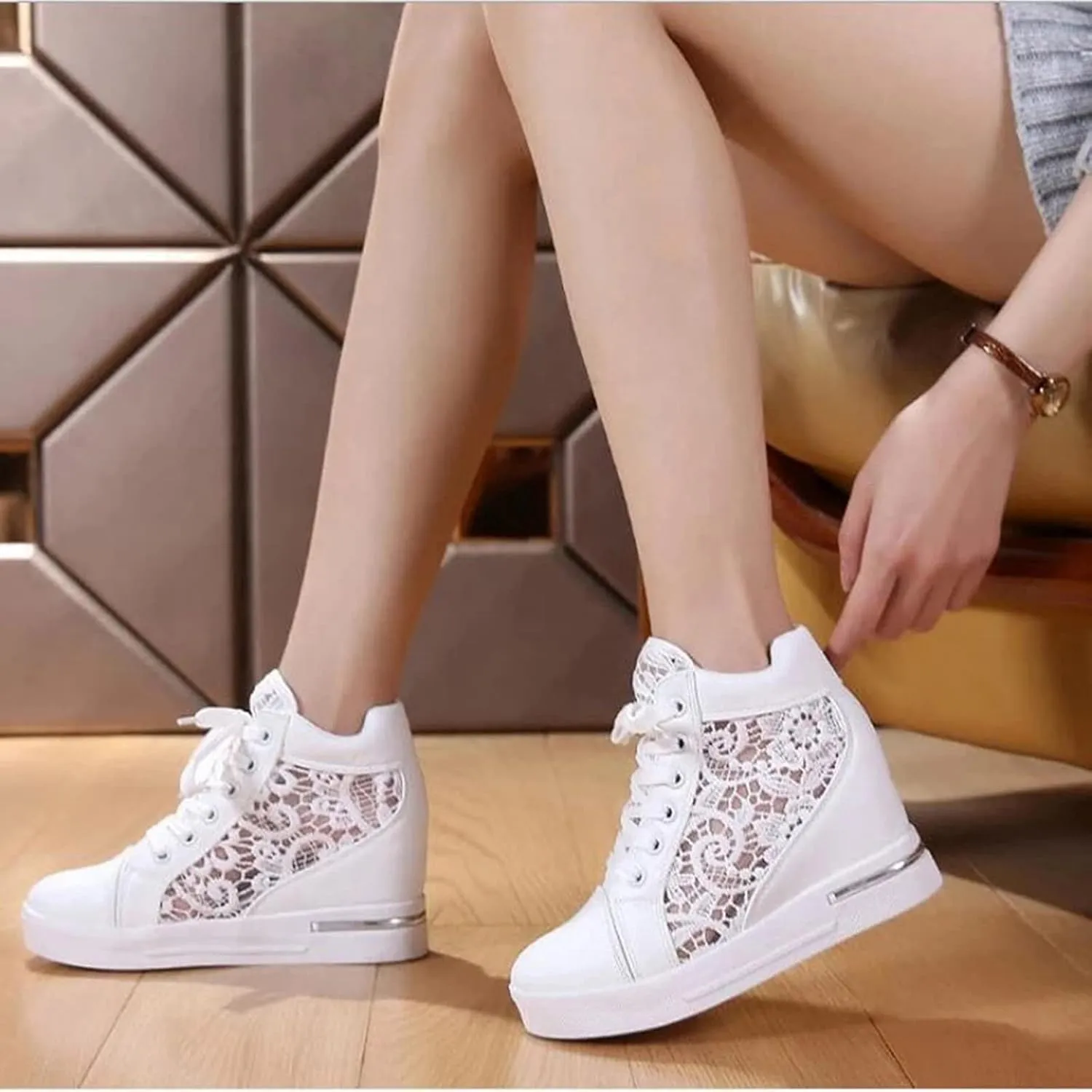High Heeld Wedge Sneakers for Women, Ladies Hidden Heel Sneakers Dressy Lace Up Shoes High Top Sneakers Fashion Canvas Shoes Breathable Mesh Casual Platform Sneakers (A-White, 6.5)