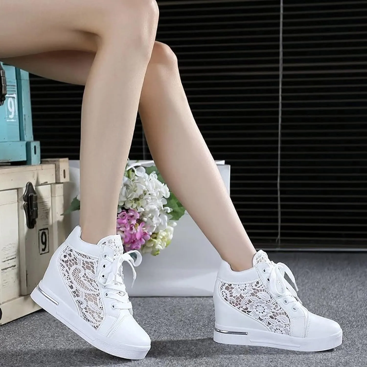 High Heeld Wedge Sneakers for Women, Ladies Hidden Heel Sneakers Dressy Lace Up Shoes High Top Sneakers Fashion Canvas Shoes Breathable Mesh Casual Platform Sneakers (A-White, 6.5)