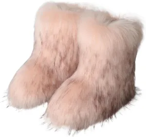 HINDOLA Womens Faux Fur Boots Fuzzy Fluffy Furry Round Toe Suede Boots Winter Comfy Plush Warm Snow Boots Comfortable Winter Ankle Booties Anti Slip Outdoor Indoor Flat Shoes