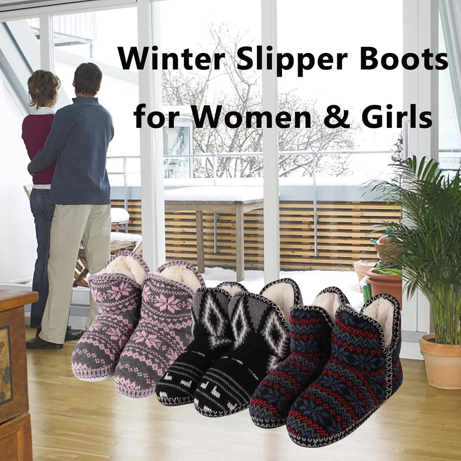 Home Slipper Bootie Slippers Women's Woolen Yarn Plush Lining Fuzzy Warm Indoor Ankle Boots