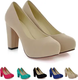 HoukiG Women's Suede Platform Chunky Block Heel Pumps,Fashion Round Toe Formal Slip-On High Heels,Heels for Women