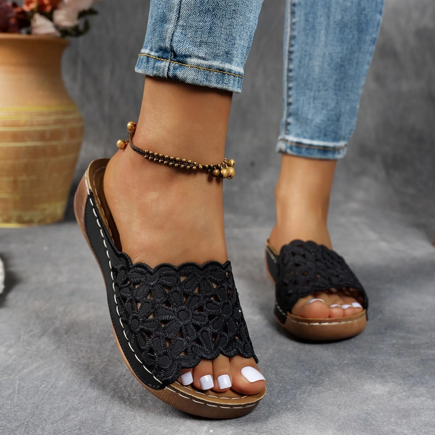 HUIQINGLI Comfort Orthopedic Wedge Sandals for Women, Hollow Arch Support Dress Sandal, Fashion Flower Beach Sandals