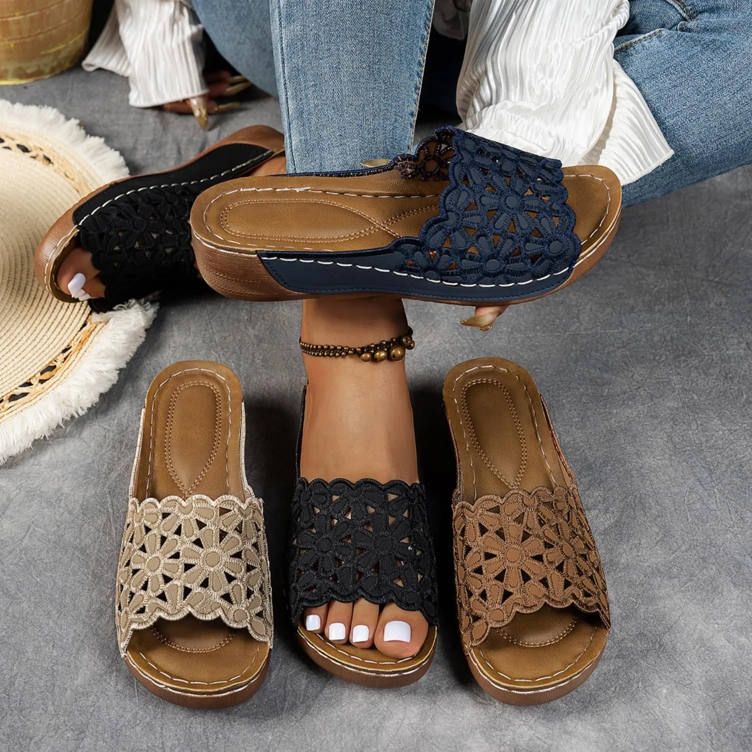 HUIQINGLI Comfort Orthopedic Wedge Sandals for Women, Hollow Arch Support Dress Sandal, Fashion Flower Beach Sandals