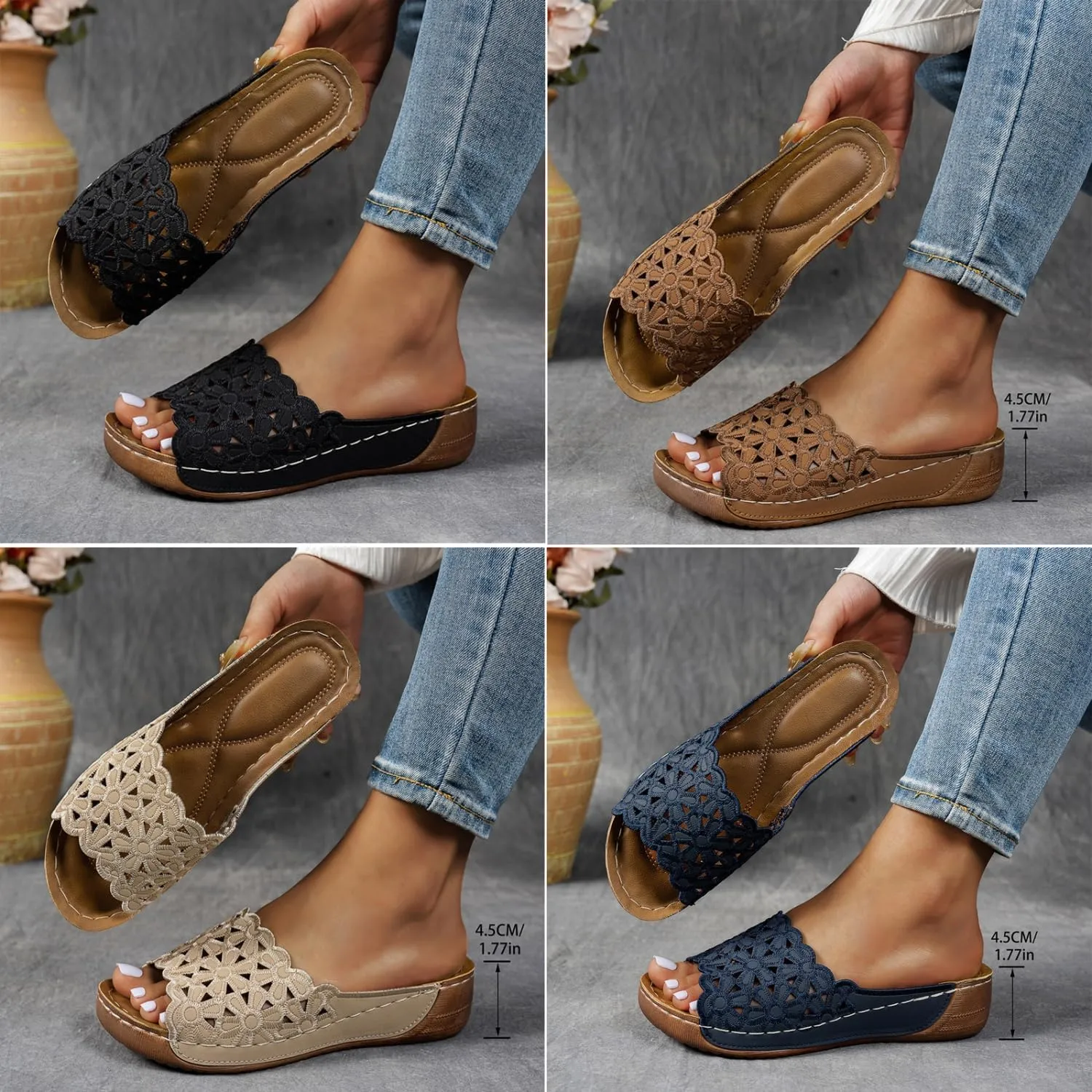 HUIQINGLI Comfort Orthopedic Wedge Sandals for Women, Hollow Arch Support Dress Sandal, Fashion Flower Beach Sandals