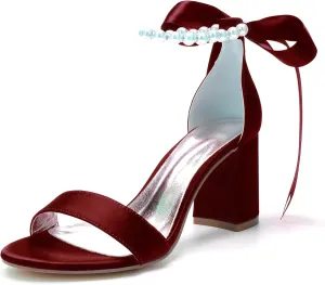 Hyinlays Chunky Block Heels for Women High Heel with Pearls Ankle Strap Wedding Shoes Open Toe Heels Dressy Pumps Sandals