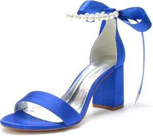 Hyinlays Chunky Block Heels for Women High Heel with Pearls Ankle Strap Wedding Shoes Open Toe Heels Dressy Pumps Sandals