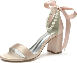 Hyinlays Chunky Block Heels for Women High Heel with Pearls Ankle Strap Wedding Shoes Open Toe Heels Dressy Pumps Sandals