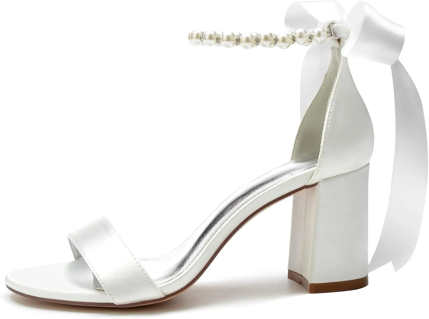 Hyinlays Chunky Block Heels for Women High Heel with Pearls Ankle Strap Wedding Shoes Open Toe Heels Dressy Pumps Sandals